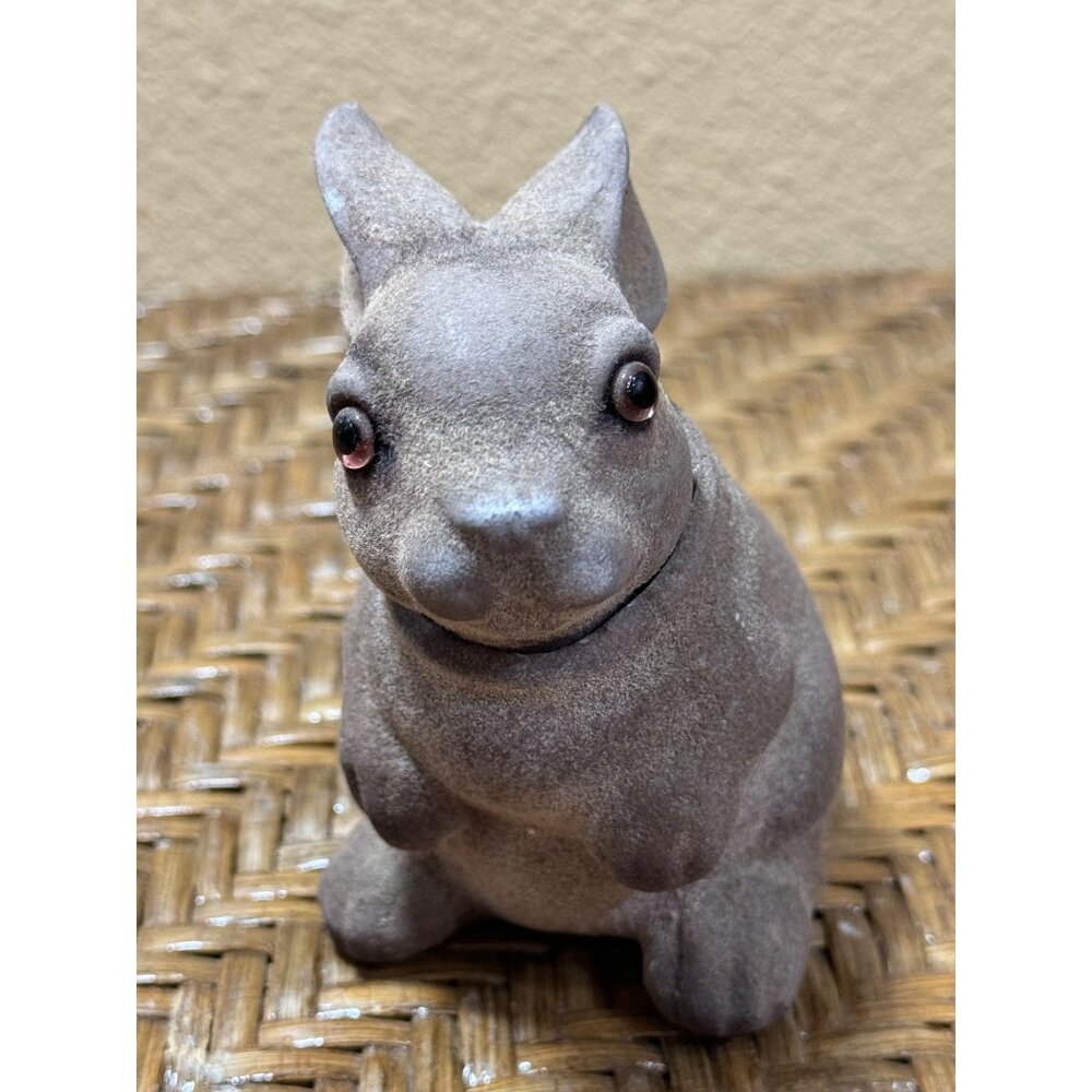 Vintage Bobblehead flocked Rabbit Glass eyes  Stands 4" Tall